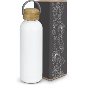 A drink bottle in white with a bamboo lid, placed beside a decorative box featuring intricate designs.