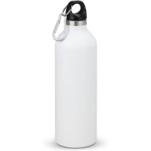 A drink bottle in matte white with a black cap and a metal carabiner attachment; features a logo.