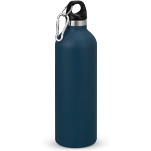 A drink bottle in deep blue with a silver collar and a black top, featuring a carabiner clip.