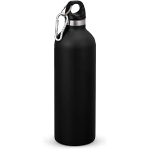 A drink bottle in matte black with a stainless steel top and a carabiner clip for easy attachment.