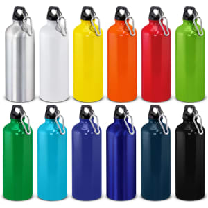 A drink bottle collection featuring 12 colourful aluminium bottles in silver, white, yellow, orange, red, green, and various blues. Each has a carabiner.