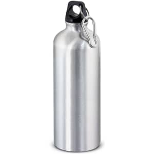 A drink bottle in shiny silver metal with a black lid and carabiner. It has a sleek, minimalist design.