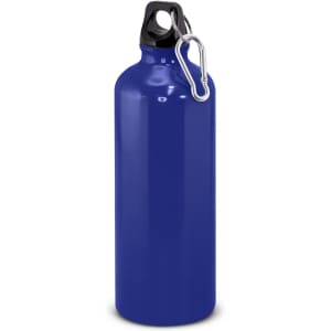 A drink bottle in a vibrant blue colour, featuring a black lid and a carabiner clip for easy attachment.