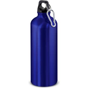 A drink bottle in a shiny blue finish, featuring a black cap and a carabiner. It holds 800ml.