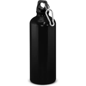 A drink bottle in black, featuring a carabiner clip and a sleek design, with a logo present.