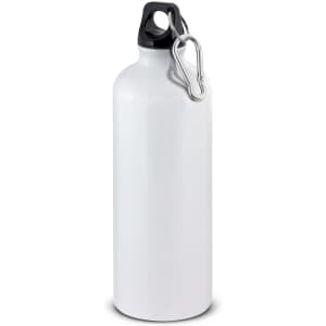 A drink bottle in white with a black cap and a carabiner clip for easy attachment.