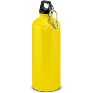 A drink bottle in bright yellow, made of metal with a black cap and a carabiner clip.