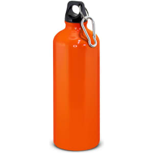 A drink bottle with a glossy orange finish and a black top, featuring a carabiner attachment.