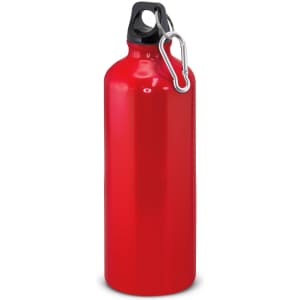 A drink bottle in vibrant red, featuring a secure cap and a carabiner clip for easy attachment.