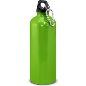 A drink bottle in vibrant green, featuring a black top and a metal carabiner clip. It has a sleek, smooth design.