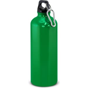 A drink bottle in glossy green, featuring a black cap and a carabiner clip. It holds 800ml of liquid.