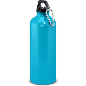 A drink bottle in bright blue, crafted from metal and featuring a black cap and a carabiner clip.