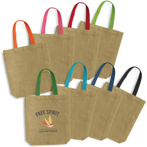 A jute tote bag featuring a natural hue with coloured handles in orange, pink, green, blue, and black. Includes a logo.