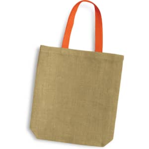 A jute tote bag in a natural colour with orange handles and a simple design, featuring a logo.