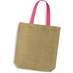 A jute tote bag with a natural tan body and bright pink handles. The bag has a plain design and a logo.