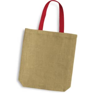 A jute tote bag in a natural beige colour with red handles. The bag features a simple design and a logo.