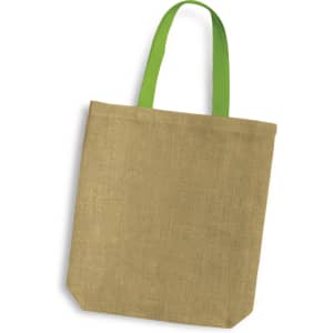 A jute tote bag with a natural beige body and bright green handles, featuring a logo on one side.