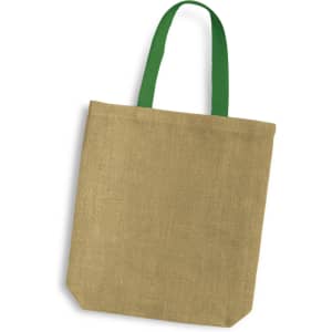 A jute tote bag in a natural brown colour with green handles and a simple design. Features a logo.