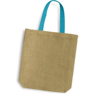 A jute tote bag with a natural brown body and turquoise handles. The bag has a logo.
