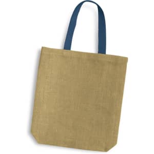 A jute tote bag with a natural finish and navy blue handles. The bag has a simple, unembellished design.