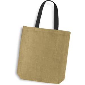 A jute tote bag with coloured black handles, featuring a textured natural finish.