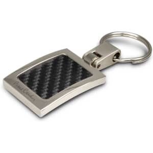 A silver key ring with a carbon-fibre textured panel and a logo. The design is sleek and modern.