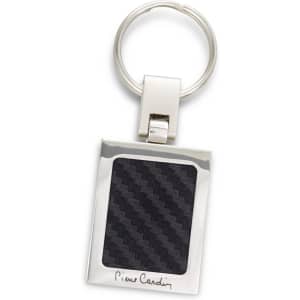 A silver key ring with a rectangular carbon fibre insert and a logo. The key ring features a polished finish.