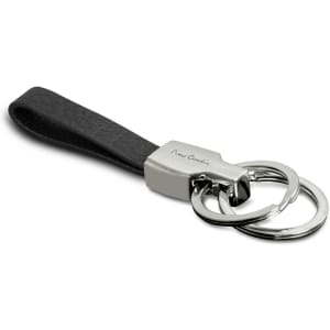 A black leather key ring featuring a silver metal clasp and two key rings, with a logo on the metal.