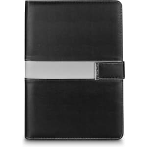 A black portfolio with a contrast grey band and a logo, designed for professional use.