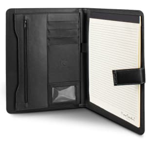 A black portfolio with a zip pocket, card slots, and a notepad, featuring a logo on the inside.
