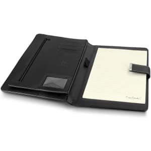 A black portfolio with a zip pocket, card slots, and a notepad holder featuring a branding logo.