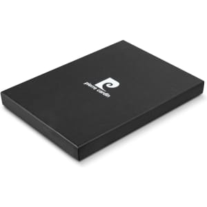 A black portfolio with a logo on the cover, featuring a sleek and minimalist design.