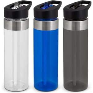 A drink bottle set featuring clear, blue, and grey bottles with silver accents and black lids. Each bottle has a logo.