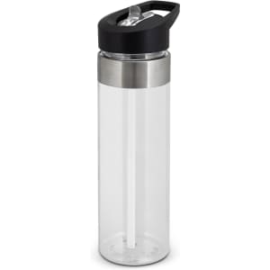 A drink bottle with a transparent body, stainless steel band, and black lid. It features a built-in straw and a logo.