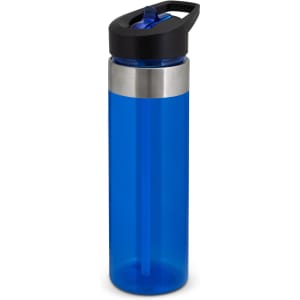 A drink bottle in vibrant blue with a stainless steel band and a black lid, featuring a built-in straw.