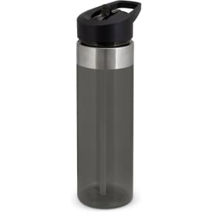 A drink bottle with a grey body, stainless steel band, and a black lid featuring a handle. It has a logo.