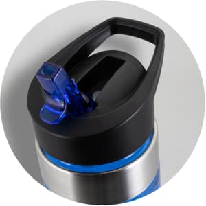 A drink bottle with a stainless steel body and a black lid, featuring a blue spout and carrying handle.