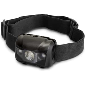 A black headlamp torch with adjustable strap, featuring two bright light bulbs. Includes a branding logo.