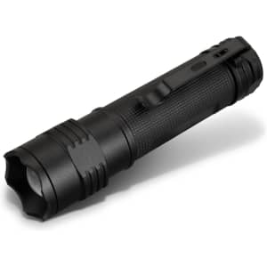 A black torch with a textured grip and a clip on the side, designed for portability and ease of use.