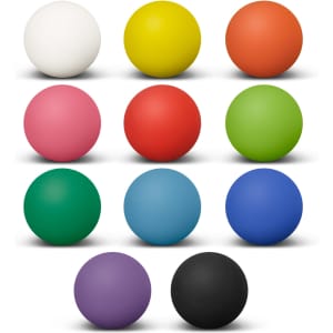A collection of twelve different Hi-Bounce Balls in various colours including white, yellow, orange, pink, red, green, blue, purple, and black.