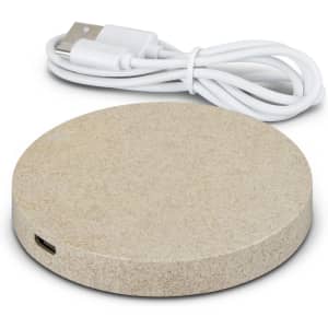 A round, beige wireless charger with a USB cable. It features a branding logo on the surface.