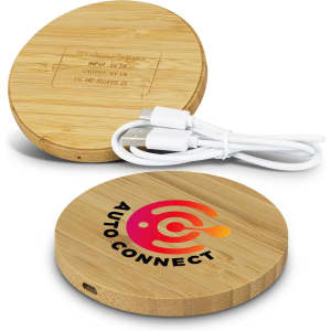A round bamboo wireless charger in natural colour, featuring a logo and accompanied by a charging cable.