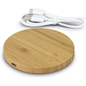 A round bamboo wireless charger with a USB cable. The charger has a natural wood finish.