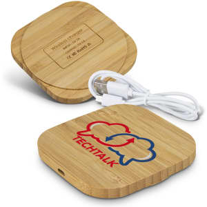 A square bamboo wireless charger featuring a logo, accompanied by a USB cable.