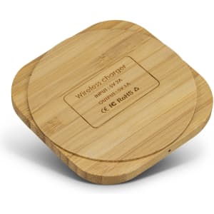 A square bamboo wireless charger featuring a natural finish and a branded logo on the underside.