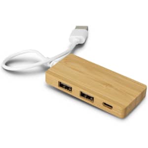 A bamboo USB hub with two standard USB ports and one USB-C port, featuring a white connecting cable.