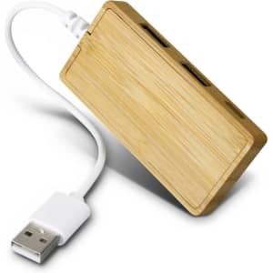 A bamboo USB hub featuring a white cable, with multiple ports for connectivity. It has a sleek, natural wood finish.