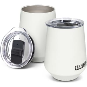 A drink bottle set featuring two cream-coloured tumblers with a clear lid and a logo.