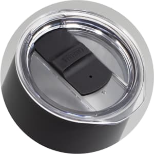 A drink bottle featuring a black stainless steel body and a clear lid with a black sliding opening.