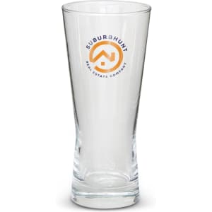 A clear, tall beer glass with a logo on the front. The glass has a smooth, modern design.